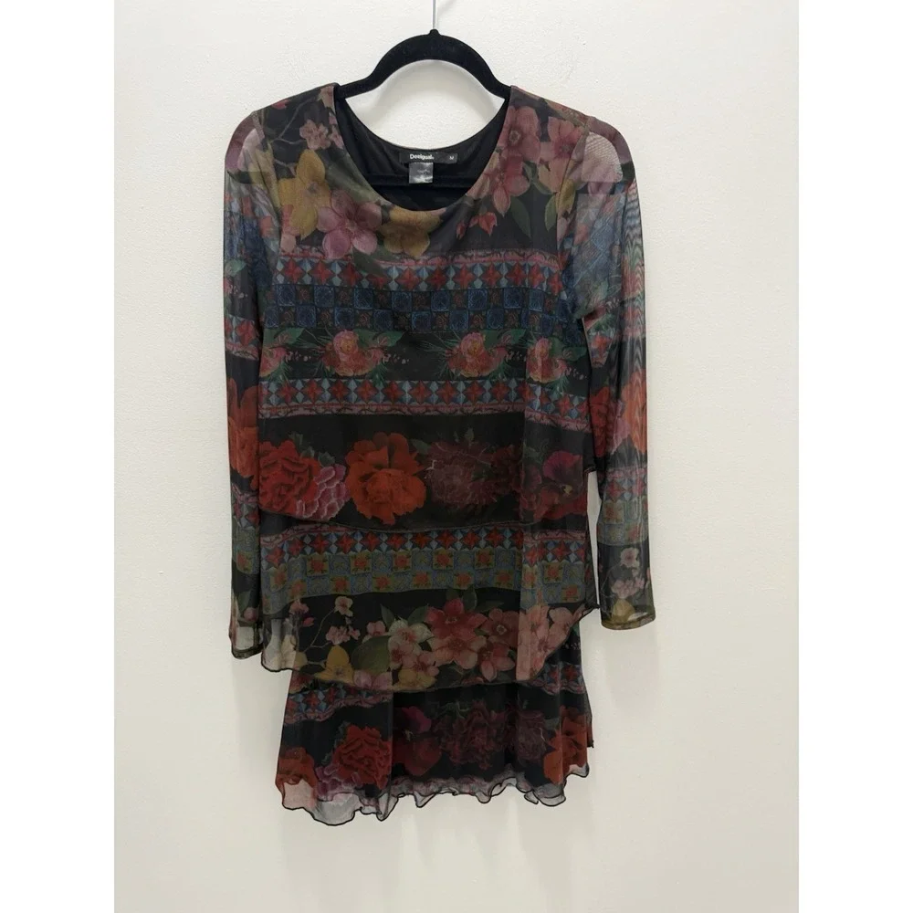 Desigual Logan Floral Mesh Layered Mini Dress Size M Long Sleeve Boho Artsy